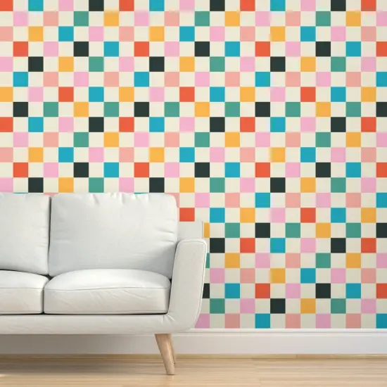 Peel & Stick Wallpaper 2FT Wide Retro Checkerboard Pink Orange Modern Multicolor Checker Check Custom Removable Wallpaper by Spoonflower {5}