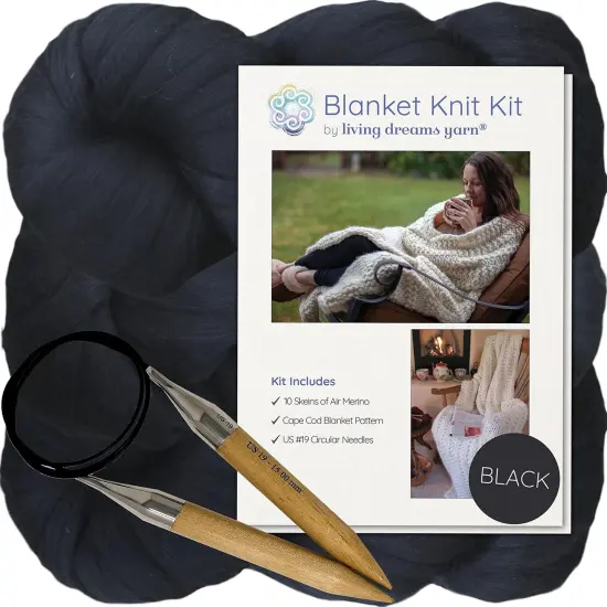 DIY Merino Wool Blanket Knitting Kit: Soft and Thick #7 Weight Jumbo Yarn, Knitting Needles and Pattern. Soft, Cozy, Great for Gifts Black {1}