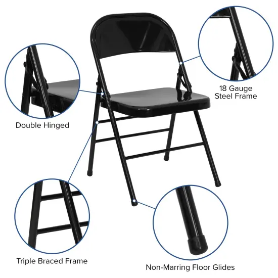 Emma and Oliver 4 Pack Triple Braced & Double Hinged Metal Folding Chair Black {2}