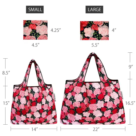 Wrapables Large & Small Foldable Tote Nylon Reusable Grocery Bags, Set of 2 Pink Roses {2}