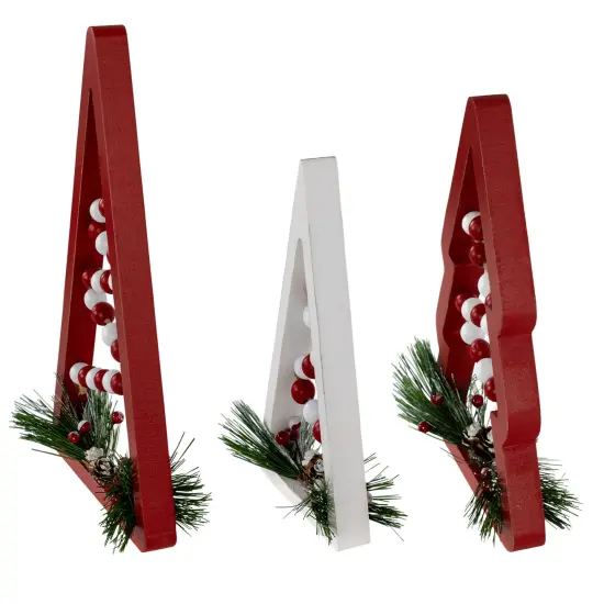 Northlight Wooden Trees with Beads Christmas Decorations - 11.75" - Red and White - Set of 3 {5}