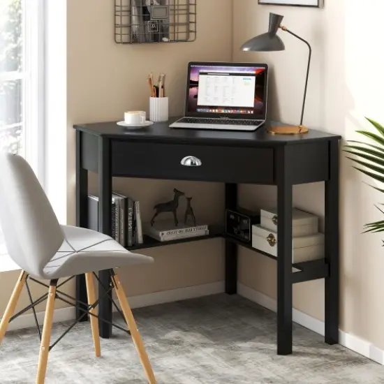 Wooden Corner Computer Desk with Big Storage Drawer and Two Open Shelves Black {1}