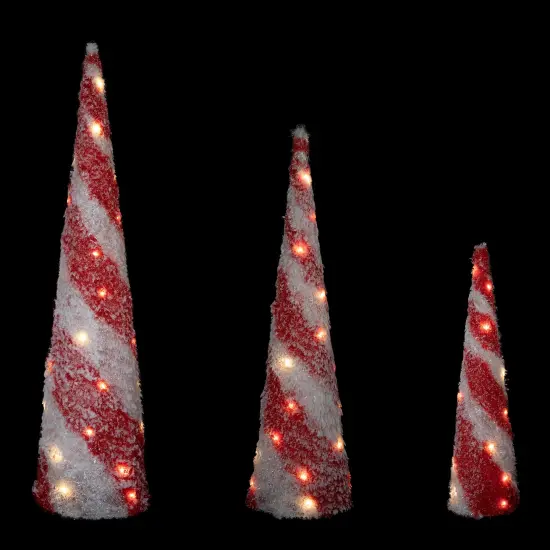 Northlight LED Lighted Snowy Candy Cane Striped Christmas Cone Trees - 3.25' - Set of 3 Red {4}