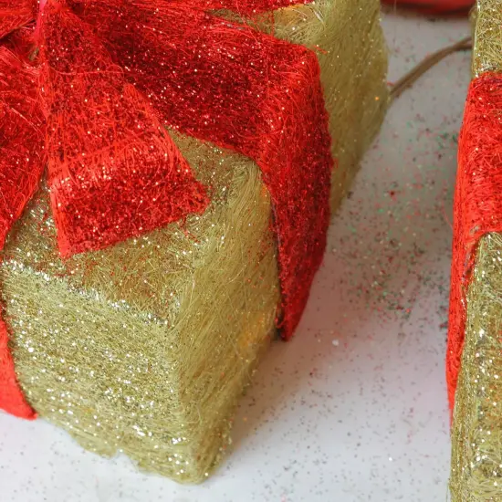 Northlight Set of 3 Lighted Gold and Red Gift Boxes Christmas Outdoor Decorations 10" {4}