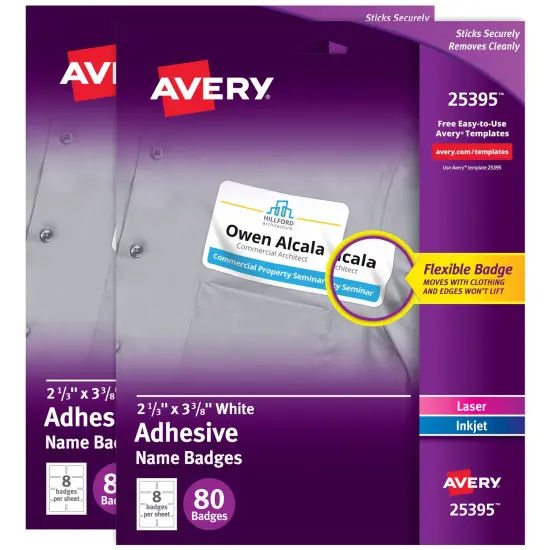 Avery Adhesive Name Badges, 2-1/3" x 3-3/8" (2 Pack of 25395) {1}