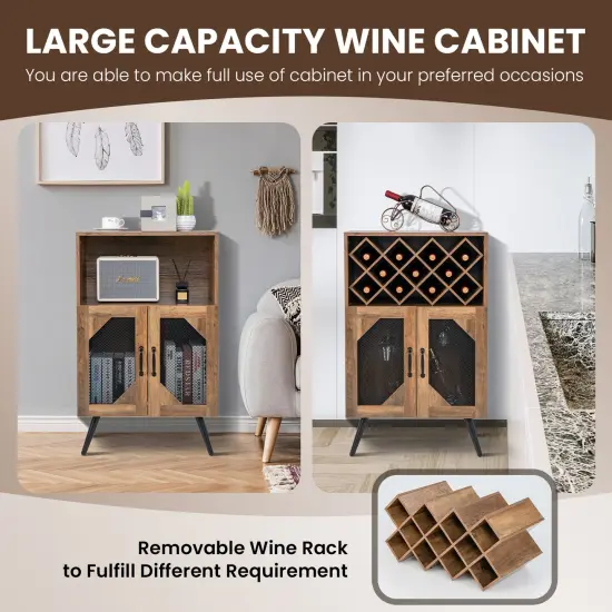 2-Door Farmhouse Kitchen Storage Bar Cabinet with Wine Rack and Glass Holder-Rustic Brown {1}