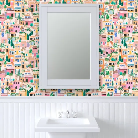 Pre-Pasted Wallpaper 2FT Wide Pink Lake Seaside Palm Trees Houses Garden Tropical Italian Hand Painted Villa Adventure Plants Medium Scale Custom Pre-pasted Wallpaper by Spoonflower {6}