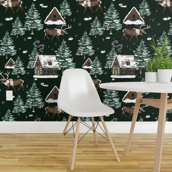 Peel & Stick Wallpaper 2FT Wide Green Cabin Winter Wonderland Christmas Reindeer Forest Cottage Snowy Alpine Holiday Cozy Chalets Custom Removable Wallpaper by Spoonflower {1}