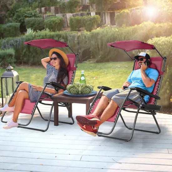 Folding Recliner Lounge Chair with Shade Canopy Cup Holder Red {2}