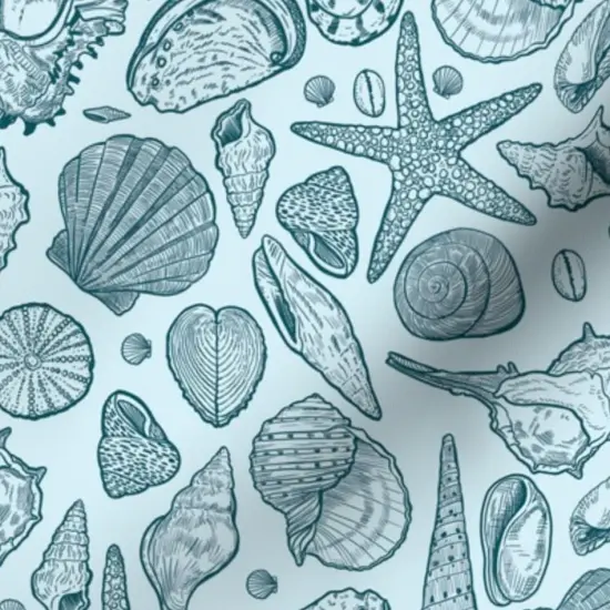 Various Fabrics by the Yard or Fat Quarter Blue Seashells Monochromatic Medium Scale Line Art Custom Printed Fabric by Spoonflower {7}