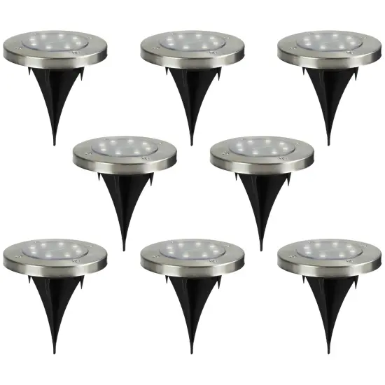 Northlight Set of 8 Stainless Steel Round Solar Powered LED Pathway Markers, 5" Stainless-Steel {1}