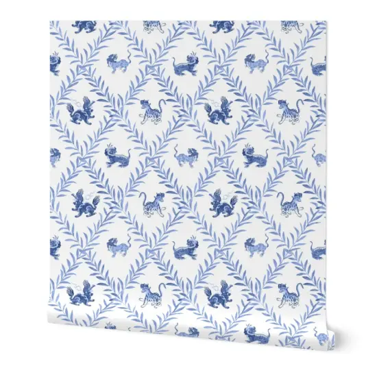 Peel & Stick Wallpaper 2FT Wide Chinoiserie Blue And White Lattice Trellis Botanical Vines Diamond Custom Removable Wallpaper by Spoonflower {7}