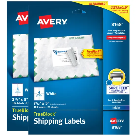 Avery Printable TrueBlock Shipping Labels, 3.5" x 5", Sure Feed, White, 2 Pack, 200 Labels Total (5640) {1}