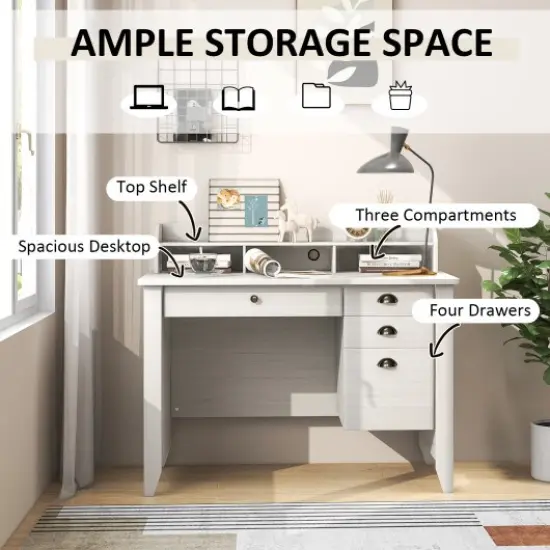 Modern Computer Desk with Storage Shelves and 4 Drawers White {3}