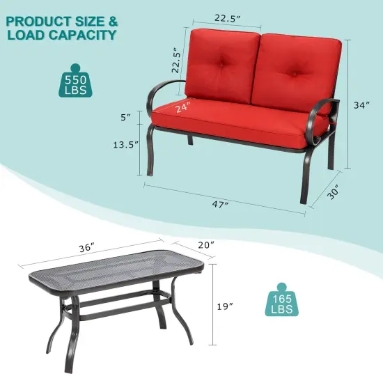 2 Pieces Patio Outdoor Cushioned Coffee Table Seat Red {4}