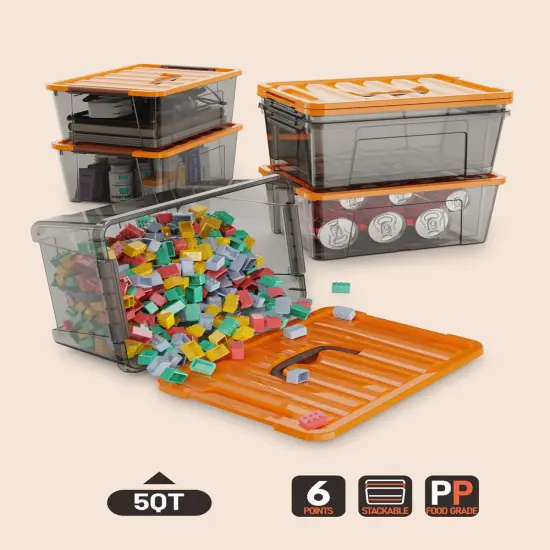 WYT 5-Quart Small Storage Container Bin with Orange Secure Lid and Black Clear Latch Buckles, Durable Plastic Stackable Nestable Organizin, 6-Pack {5}