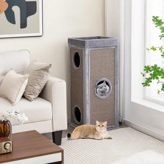 Costway 4-Story Cat House 39'' Cat Condo with Scratching Posts & 4 Soft Plush Cushions Gray/Natural {2}