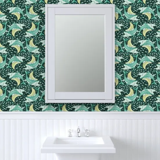 Pre-Pasted Wallpaper 2FT Wide Space Whales Ocean Nautical Animals Moon Galaxy Clouds Teal Celestial Whimsical Cosmos Crescent Custom Pre-pasted Wallpaper by Spoonflower {6}
