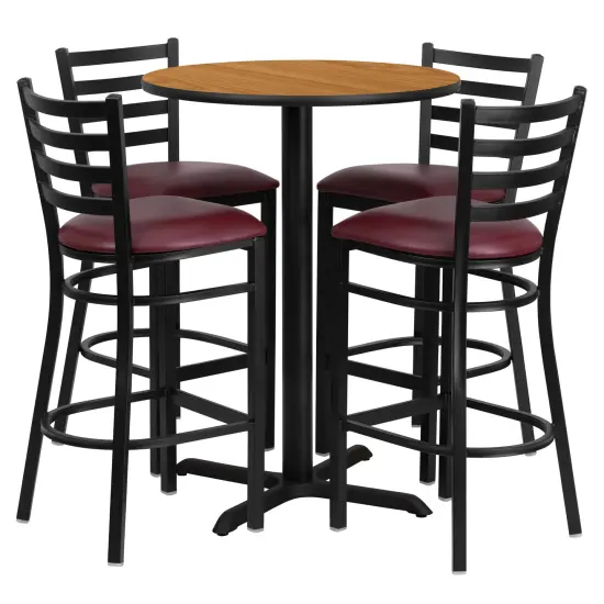 Emma and Oliver 30" Round Laminate Table Set with X-Base and 4 Ladder Back Stools Natural/BurgundyVYL {1}
