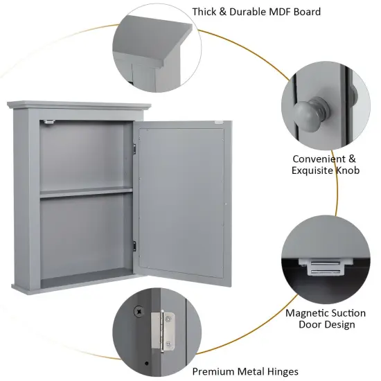 Bathroom Mirror Cabinet Wall Mounted Adjustable Shelf Medicine Storage Grey {6}