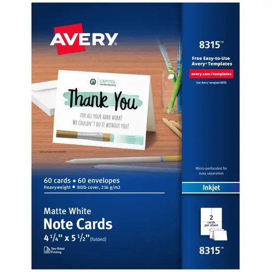 Avery Printable Note Cards with Envelopes, 4.25" x 5.5", Matte White, 60 Blank Note Cards for Inkjet Printers (8315) {1}
