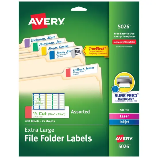 Avery TrueBlock Extra Large File Folder Labels, 15/16" x 3-7/16", 450 Printable Labels, Assorted (5026) {1}