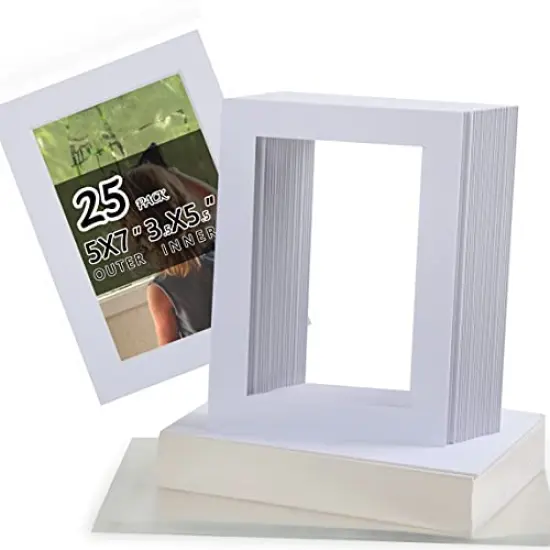 25 Pack 5x7 Pre-Cut Mat Board Show Kit for 4x6 Photos, Prints or Artworks, 25 Core Bevel Cut Matts and 25 Backing Boards and 25 Crystal Plastic Bags, White {1}