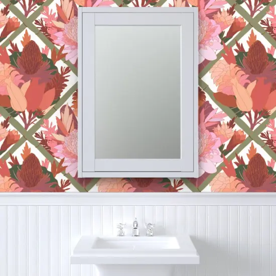 Peel & Stick Wallpaper 2FT Wide Pink Botanical Lattice Chinoiserie Trellis Boho Hawaiian Floral Tropical Mauve Large Scale Custom Removable Wallpaper by Spoonflower {6}