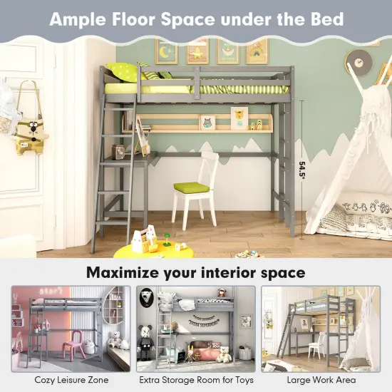 Twin Size Pine Wood Loft Bed with Desk, Guardrail, Dual Ladders Grey {5}