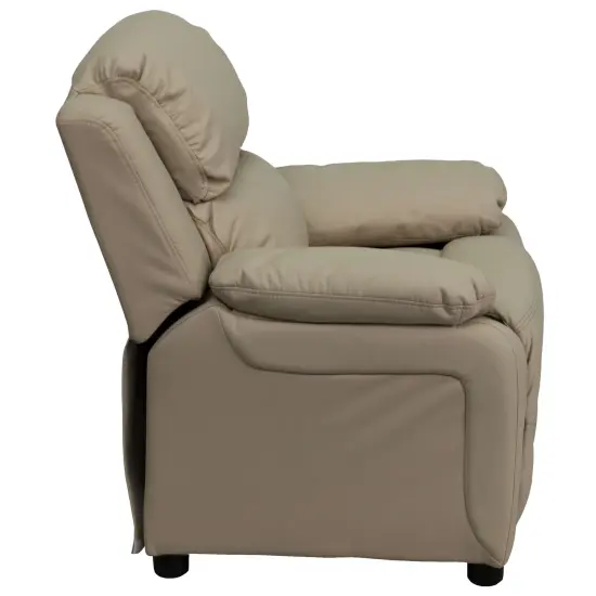 Emma and Oliver Deluxe Padded Contemporary Kids Recliner with Storage Arms Beige Vinyl {5}