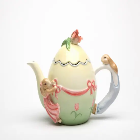 Ceramic Easter Rabbits Around Egg Shaped Teapot, Gift for Her, Gift for Mom, Tea Party D&eacute;cor, Caf&eacute; D&eacute;cor, Spring Decor, Farmhouse Decor {2}