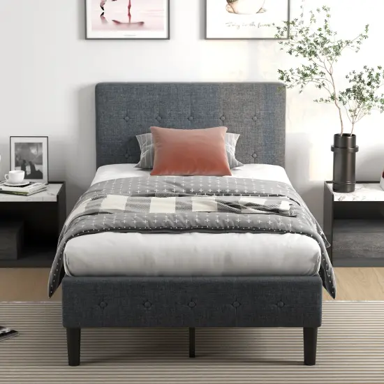 Costway Twin Size Upholstered Bed Frame Platform Bed with Button Tufted Headboard Mattress Foundation Grey {5}