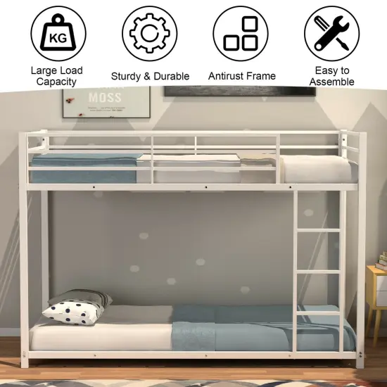 Steel Twin Bunk Bed with Ladder and Guardrails White {2}