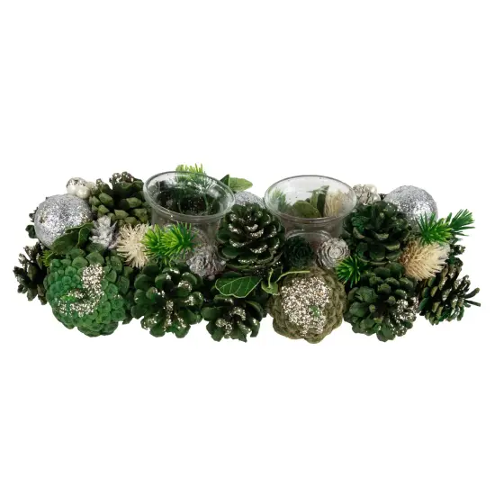 Northlight 13" Green Pinecone and Silver Glitter Ornaments Christmas Tealight Candle Holder {3}