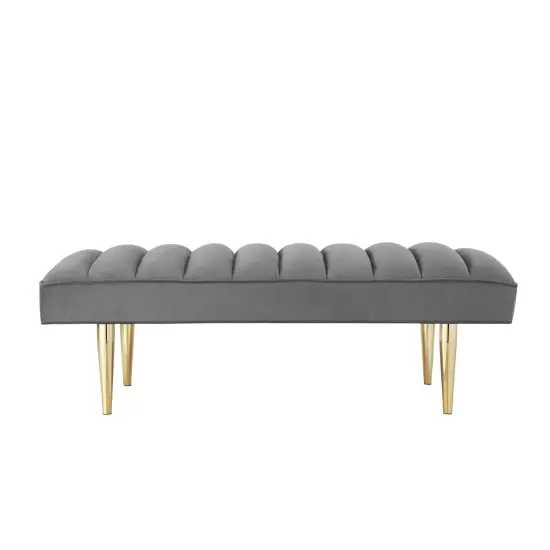 Denver Velvet Channel Tufted Bench with Mirrorred Lacquer Finish With Gold/Chrome Legs Light Grey/Gold {2}