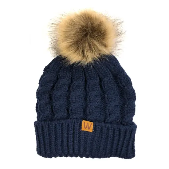 Wrapables Winter Warm Cable Knit Faux Fur Pom Pom Beanie Adult Dark Blue {3}