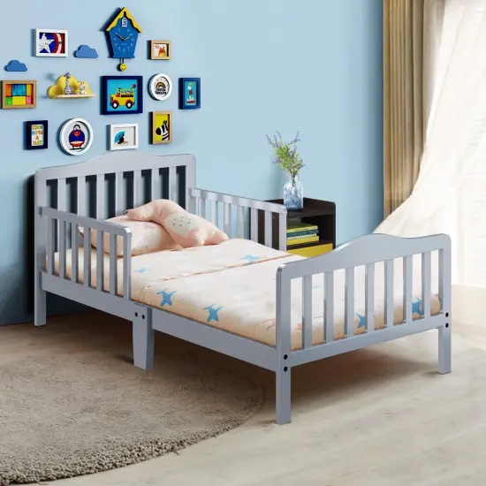 Classic Design Kids Wood Bed Frame with Two Side Safety Guardrails Grey {2}