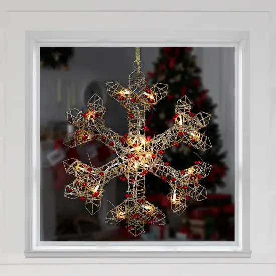 Northlight 19" Lighted Silver Glittered Berry Rattan Snowflake Christmas Window Decoration {4}