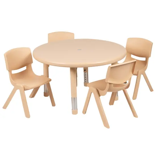 Emma and Oliver 33" Round Plastic Height Adjustable Activity Table Set with 4 Chairs Natural {2}