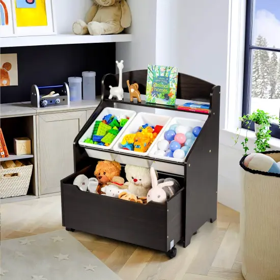 Kids Wooden Toy Storage Unit Organizer with Rolling Toy Box and Plastic Bins Espresso {2}