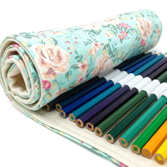 Wrapables Pencil Roll Organizer, Colored Pencil Wrap Pouch (72 slots) Pink Rose on Teal {6}