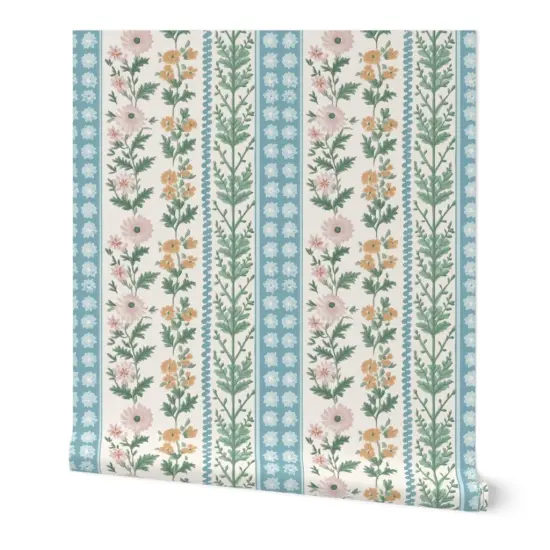 Peel & Stick Wallpaper 2FT Wide Floral Stripes Pink Green Blue Botanical Flowers Custom Removable Wallpaper by Spoonflower {7}