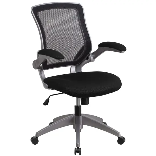 Emma and Oliver Mid-Back Mesh Swivel Ergonomic Task Office Chair with Gray Frame & Flip-Up Arms Black {1}