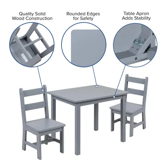 Emma and Oliver Kids 3 Piece Solid Hardwood Table and Chair Set for Playroom, Kitchen Gray {4}