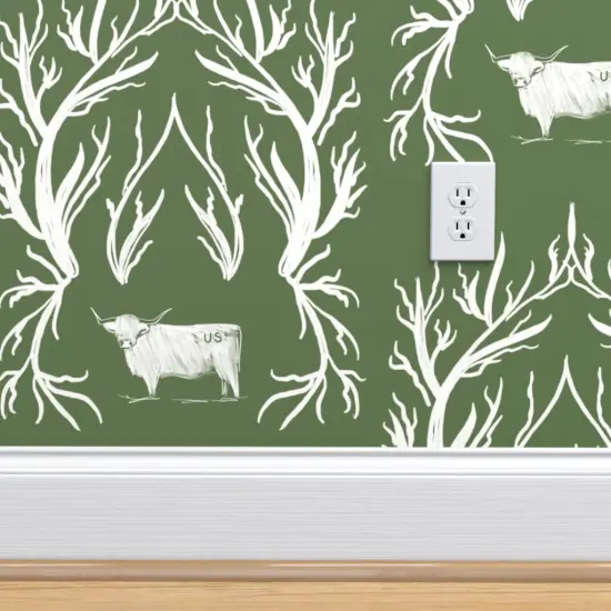 Peel & Stick Wallpaper 2FT Wide Damask Toile Cows Western Green White Rustic Custom Removable Wallpaper by Spoonflower {4}
