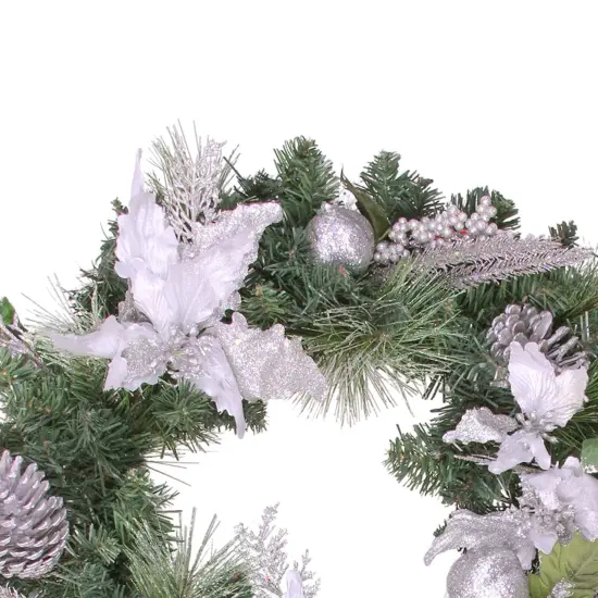 Northlight Glittered Poinsettia with Pine Cones Artificial Christmas Wreath - 24" - Unlit White {4}