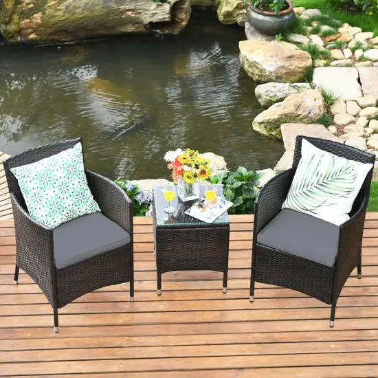 3 Pieces Patio Wicker Rattan Furniture Set with Steel Frame and Polyester Cushions Grey {6}