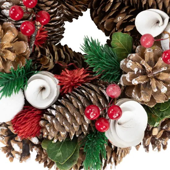 Northlight White Wooden Rose, Pine Cone and Berry Artificial Christmas Wreath, 10-Inch, Unlit Brown {5}