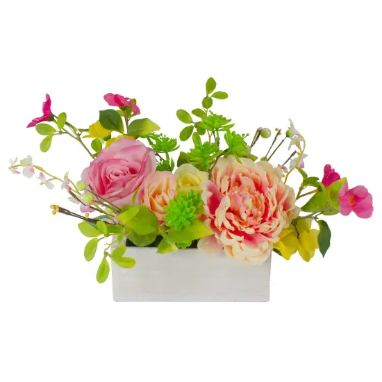 Northlight Artificial Roses and Peony Floral Arrangement in Planter - 14" - Pink and Yellow {1}