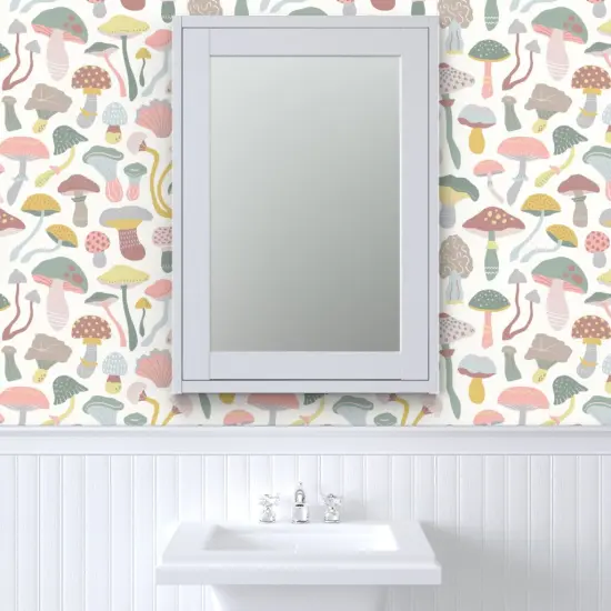 Pre-Pasted Wallpaper 2FT Wide Neutral Mushrooms Neutral Pink Green Kids Baby Nursery Gender Custom Pre-pasted Wallpaper by Spoonflower {6}